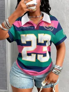 Street Fashion Sporty Colorblock Striped Polo Shirt for Women, Number 23 Print Slim Fit Daily Wear, Streetwear