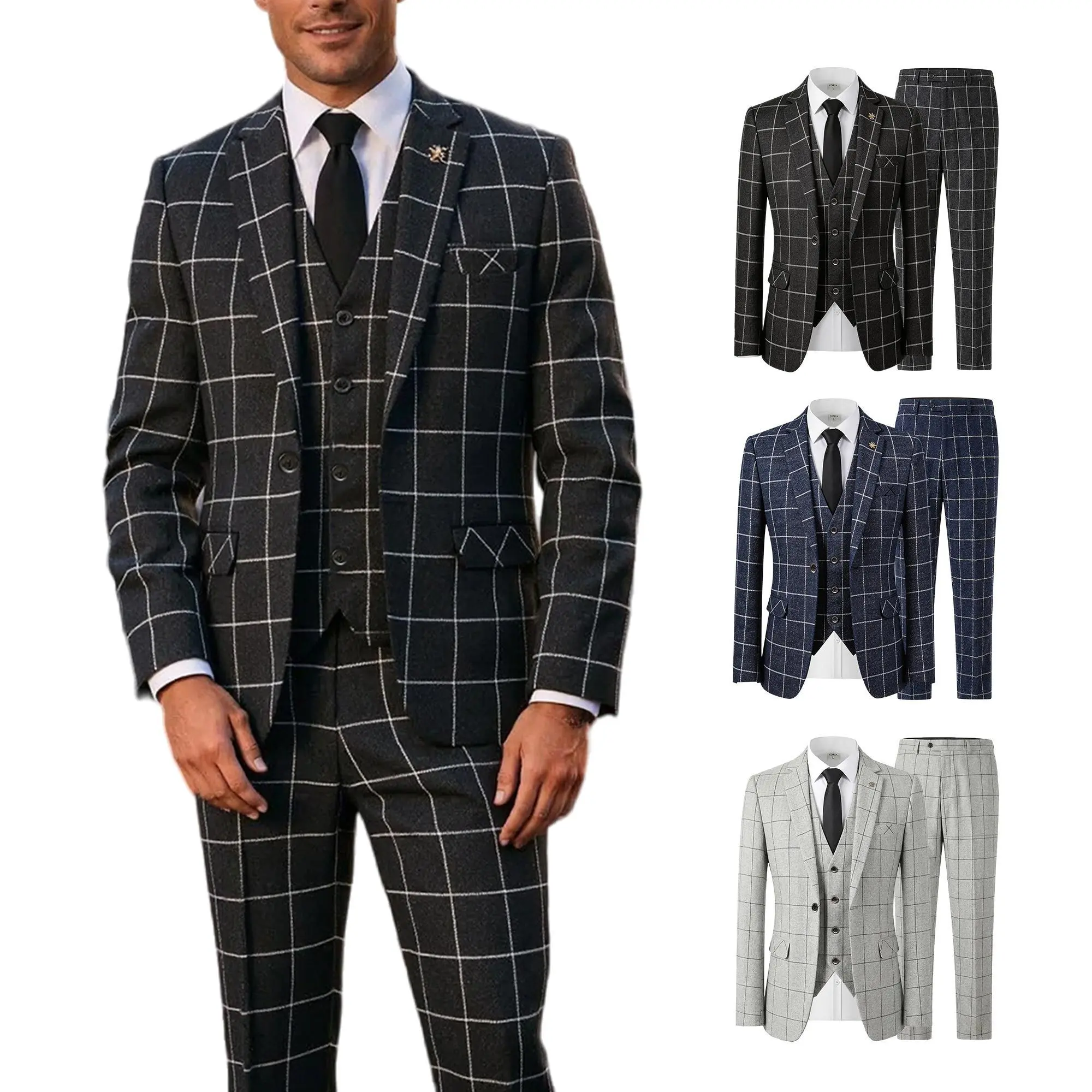 Men's 3-Piece Plaid Suit, Classic Slim Fit Formal Menswear with Peak Lapel for Graduation & Office, Vintage, Blazer, Textured, Long, Grid, Soft, Breathable, Evening