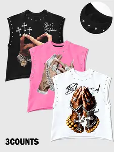 Men's Casual 3-Piece Vest Tank Top Set, Full Graphic Print Prayer Hands & Cross, Comfortable Fit, Ideal for Home, Outdoor, Social Gatherings