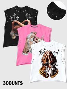 Men's Casual 3-Piece Tank Top Set, Full Print Prayer Hands & Cross, Comfortable Fit, Ideal for Home, Outdoor, Social Gatherings