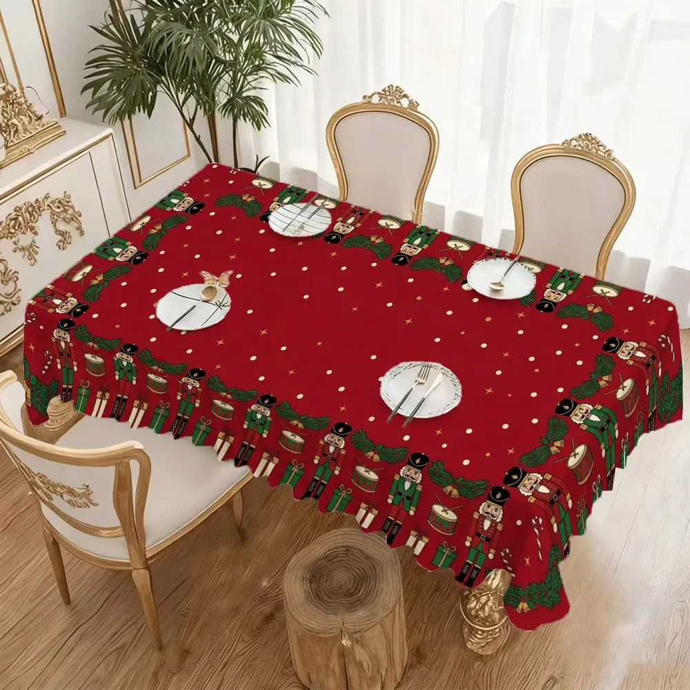 Christmas Nutcracker Soldier Red Star Center Drummer Holly Gift Candy Cane Border Print Tablecloth, Festive Polyester Cover