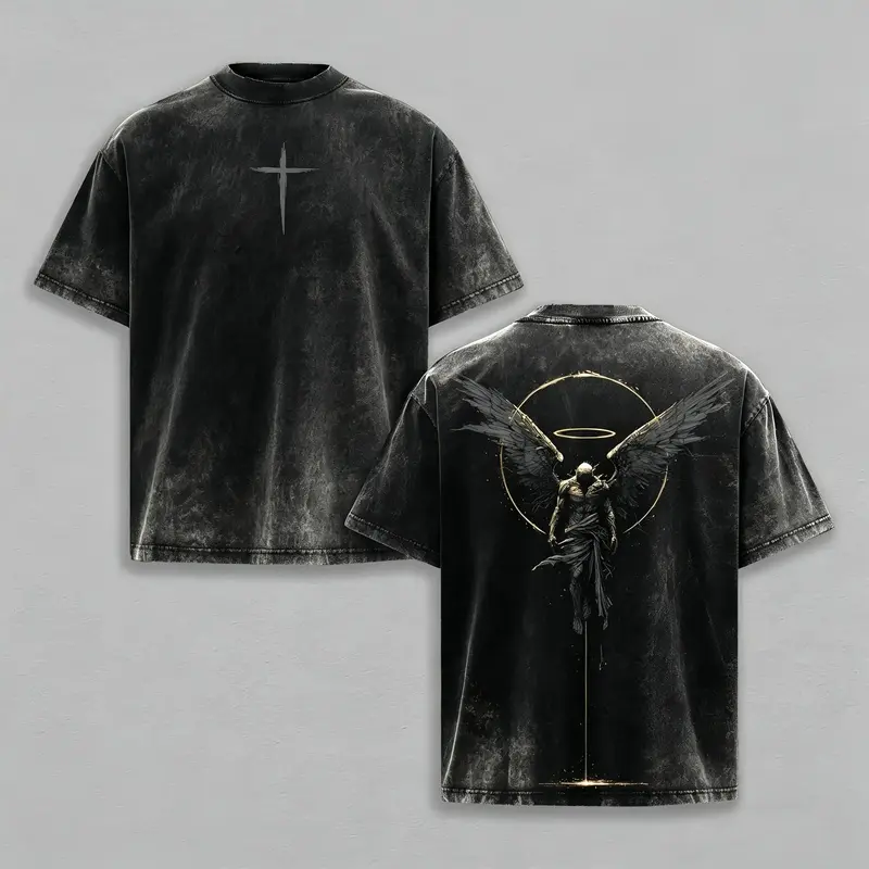 ARCHANGEL OF REPENTANCE T-Shirt Acid Wash Pump Cover Fallen Angel Double Printed Heavy  Unisex Crusader Armor Graphic Tee, Vintage Cross Shirt, Medieval Warrior Streetwear, Gothic Faith Oversized Tee,funny graphic tee, men’s trendy t-shirts
