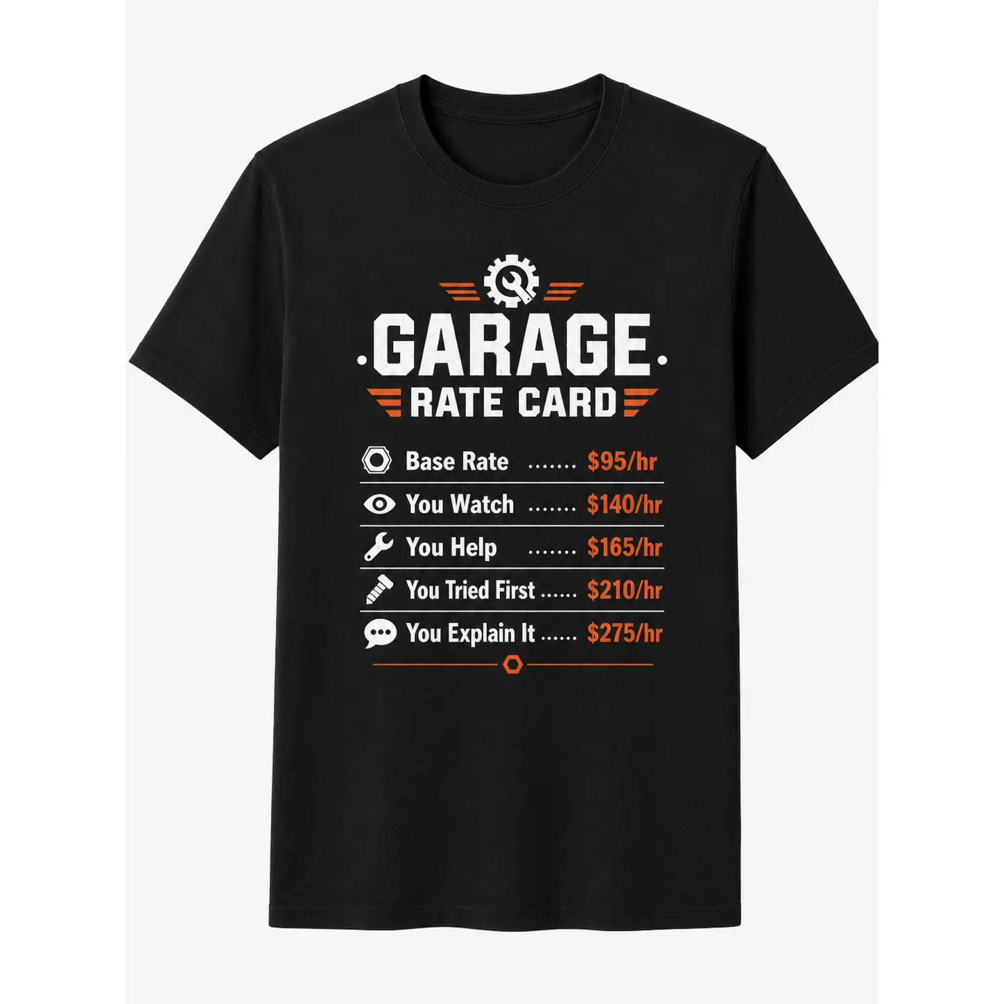 Funny Mechanic Garage Rate Card T-Shirt, Auto Repair Humor Tee, Car Mechanic Gift Shirt for Men and Women, Garage Worker Work Joke Short Sleeve Top