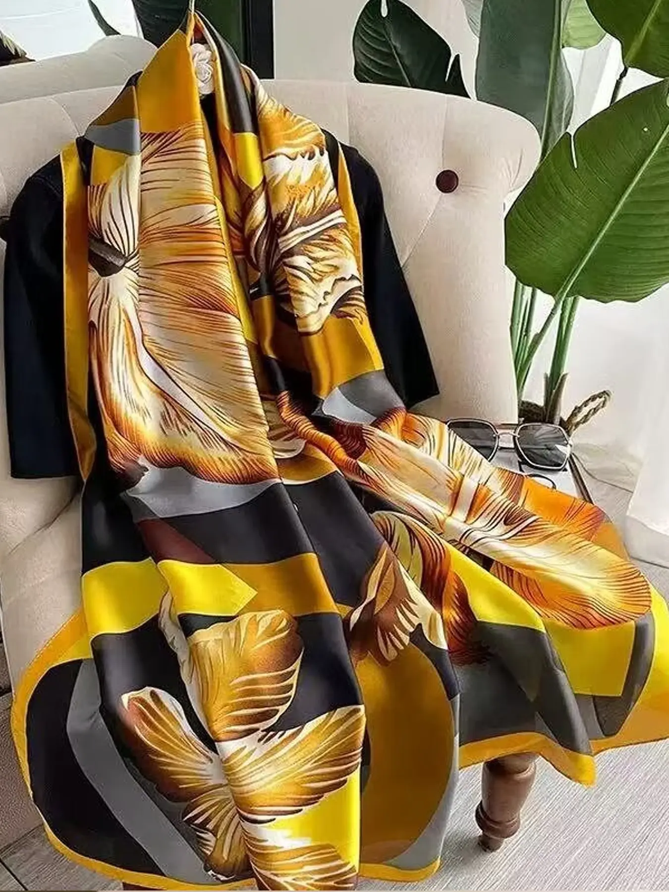 Block Giant Floral Satin Silk Scarf, Colorblock Floral Shawl, Elegant Loose-Fitting Design, All Seasons Accessory, Made in China