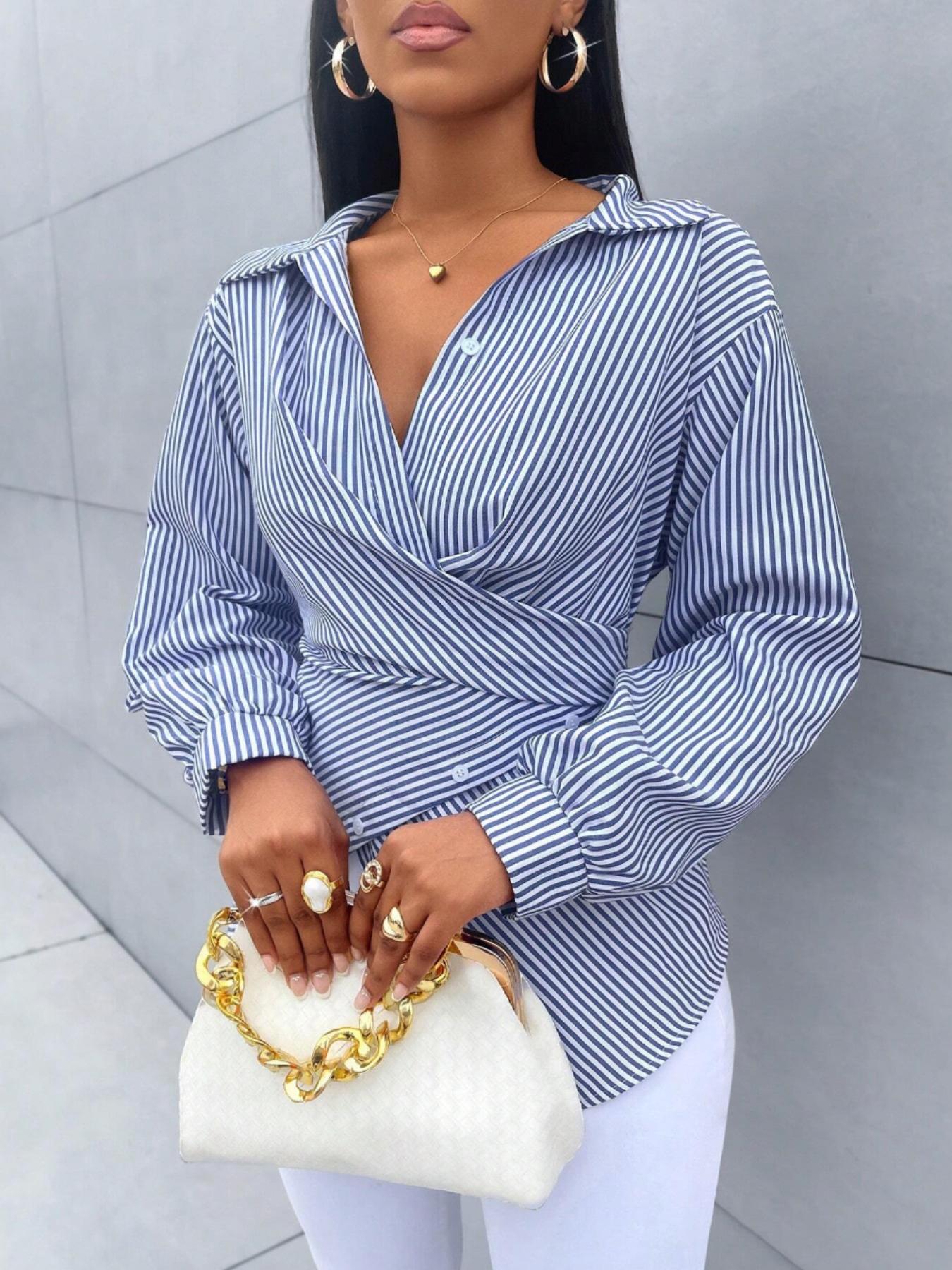 Women's Striped Print Button Front Collared Casual Shirt, Button Down Shirt,Asymmetrical Hem ,Wrap Blouse,Long Sleeve,Fitted,Elegant,Daily Commuting,Going Our,All Season
