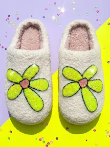 Women's Glitter Sequin Flower Appliqué Teddy Fleece Closed Toe Slippers, Fluffy Plush Lined Warm Winter Indoor House Slides, Non-Slip Soft Sole Bedroom Home Shoes, Lovely Floral Design Lady Daily Indoor Footwear, Decor
