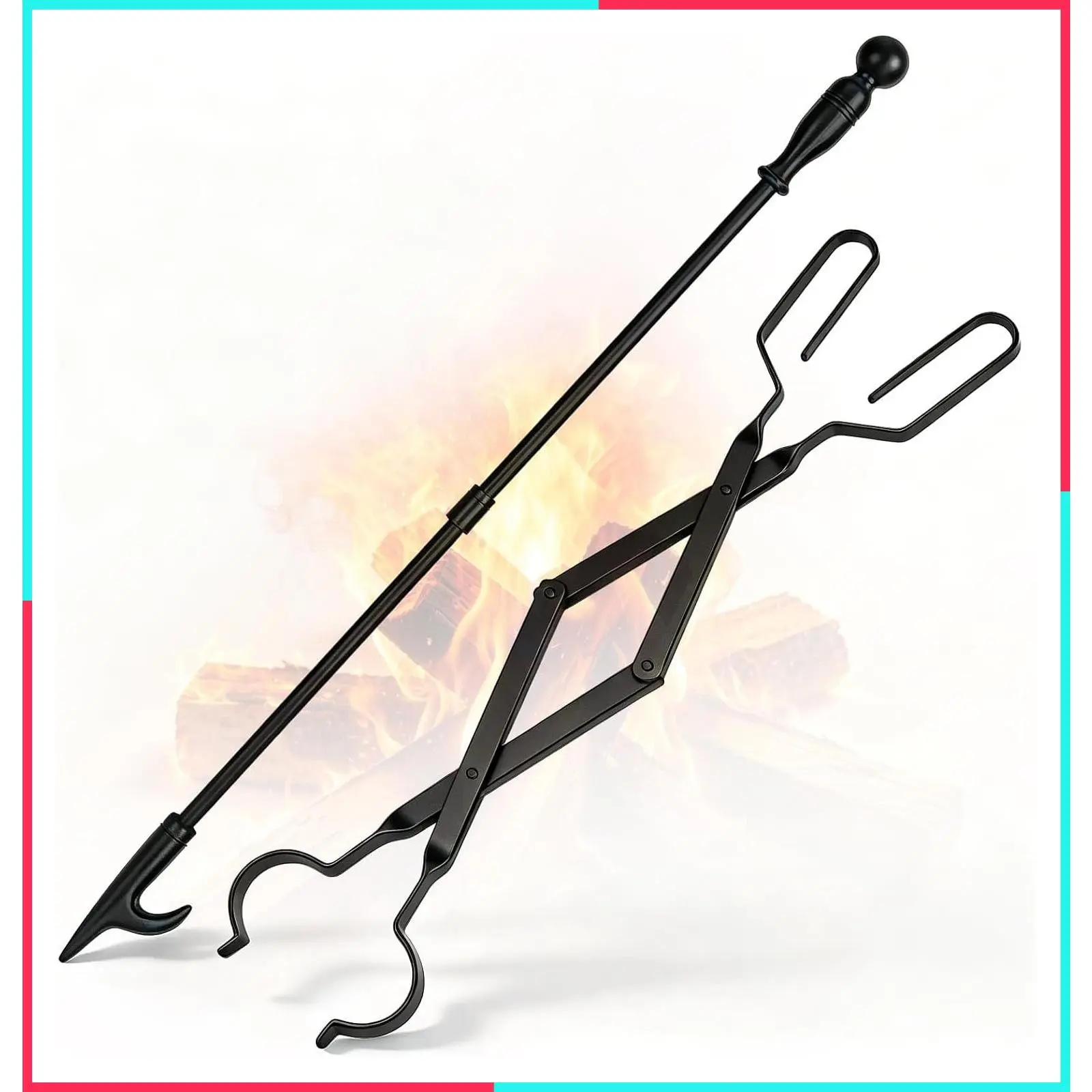 32" Fire Poker & 26" Tongs Set, Fireplace Tools for Fire Pit