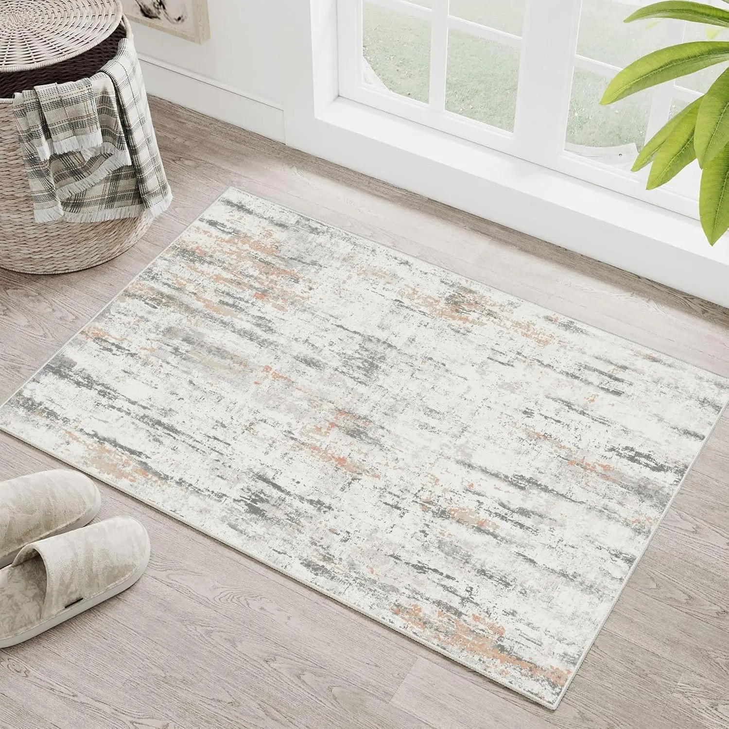 2x3 Washable Rug Small Area Rugs Non Slip Low Pile Modern Abstract | Throw Carpet for Bathroom Entryway Entry Entrance Bedroom Bedside Kitchen Floor Indoor Neutral Grey and Rust