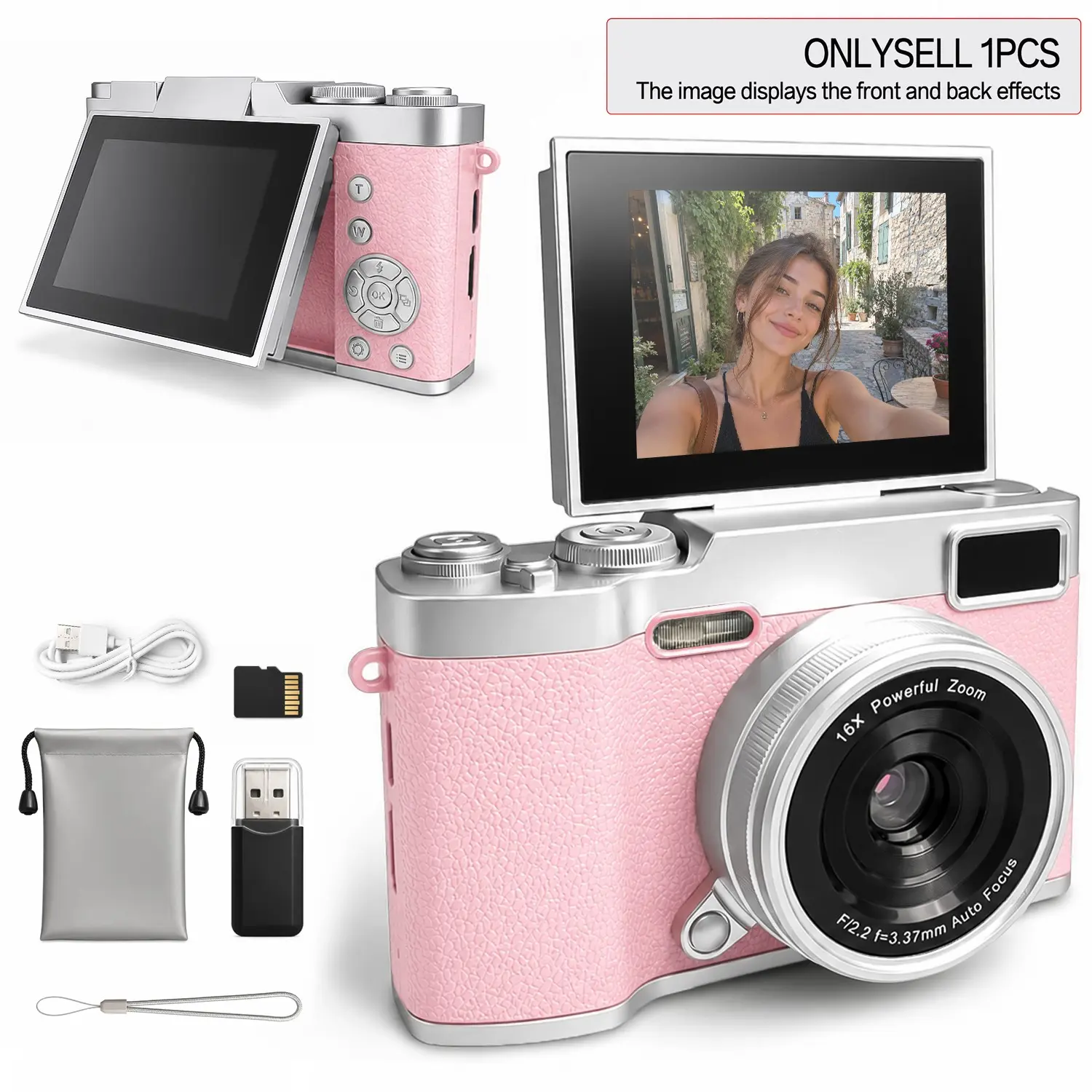 Flip Screen Ccd Camera, Entry-Level Student Pocket Camera with Storage Card, Portable Selfie Digital Camera for Teens and Back-To-School Season