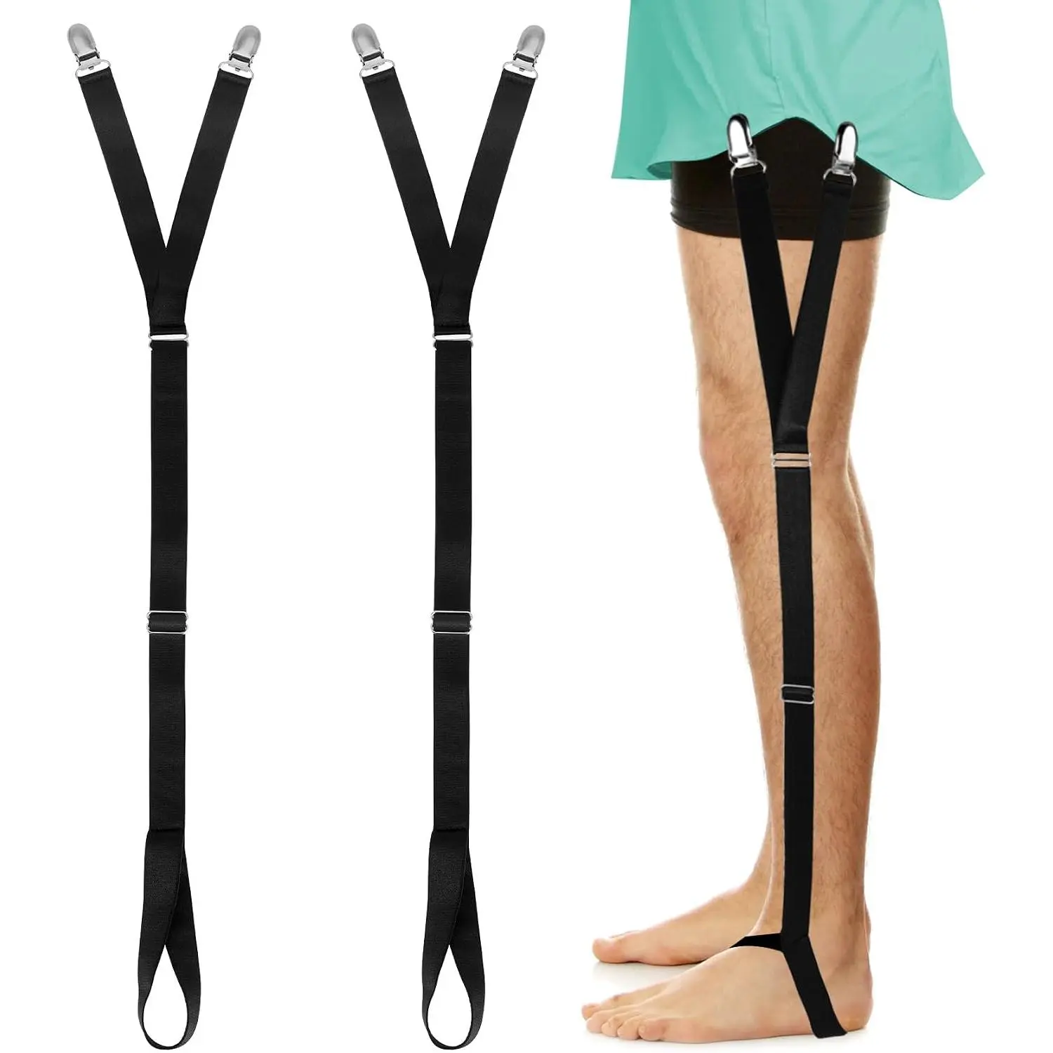 2 count Shirt Stays, Adjustable Elastic Shirt Stays for Men Sock Suspenders Non-slip Shirts Clamps, Keep Shirts Tucked  for Work & Formal Events, Black