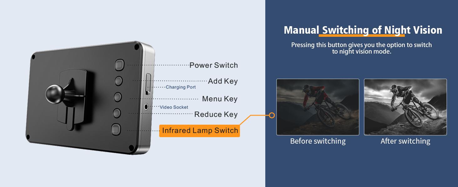 Handlebar Bike Mirror, Bicycle Rear View Camera with 4.3'' HD Night Vision Function, 145° Wide Angle View, Adjustable Rotatable Bracket, Compatible with Bicycle, Mountain, Road Bike