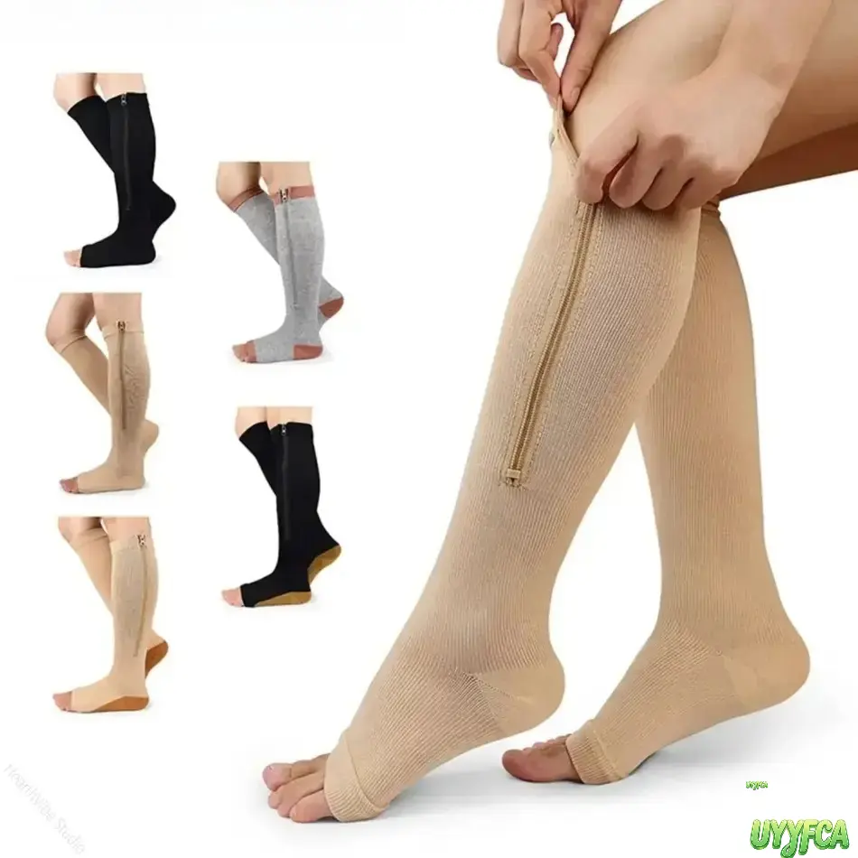15-20mmHg Side Zipper Open Toe Compression Socks For Women, Ribbed Stretch Knee High Support Stockings, Varicose Vein Edema Relief Leg Care Hosiery, Easy On Zipper Design Athletic Socks For Long Flight Travel Workout Office Daily Standing