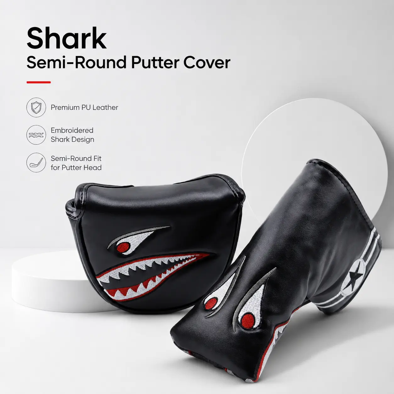 Premium Semi-Round Shark-Design Golf Putter Cover - Durable Neoprene Protective Sleeve, Secure Fit, Scratch Res., Ideal for Standard/Mallet Putters, Travel-Friendly