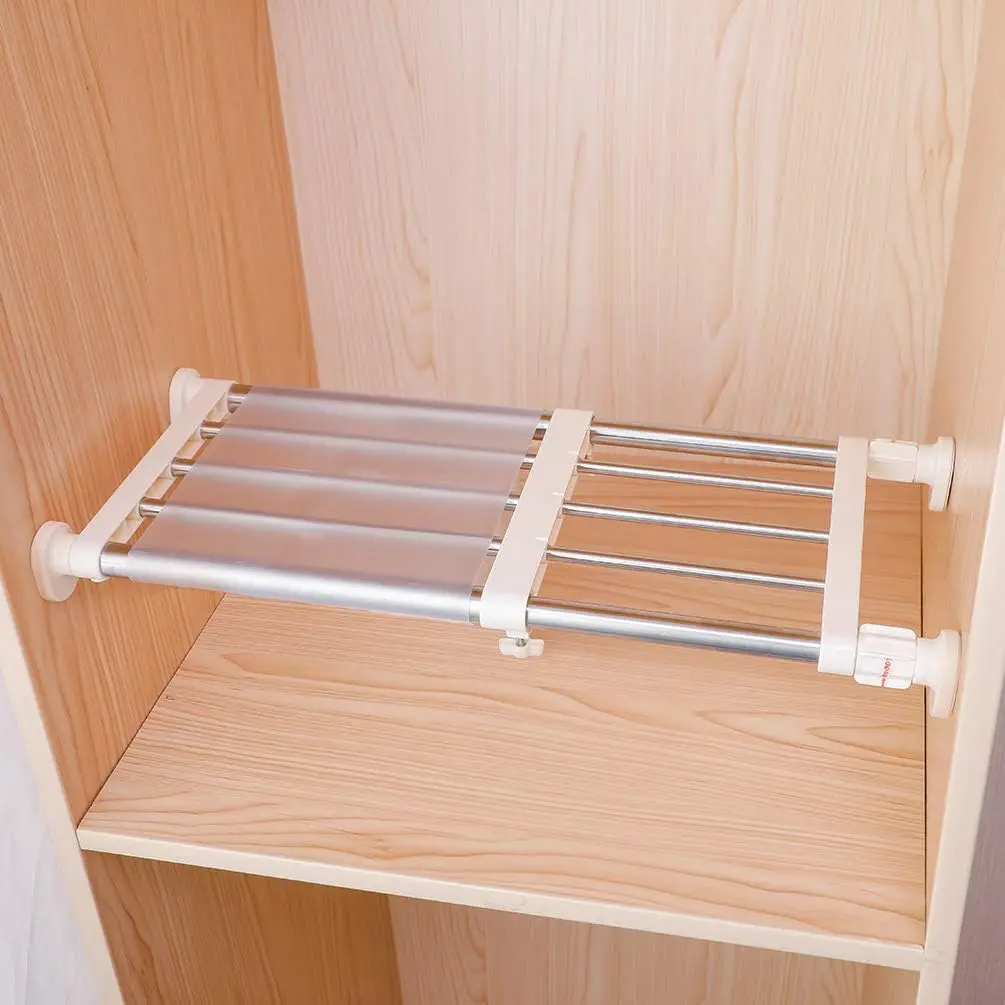 Closet Tension Shelf & Rod Expandable, Adjustable Storage Rack Metal Organizer DIY Divider Separator for Cabinet Wardrobe Cupboard Kitchen Bathroom