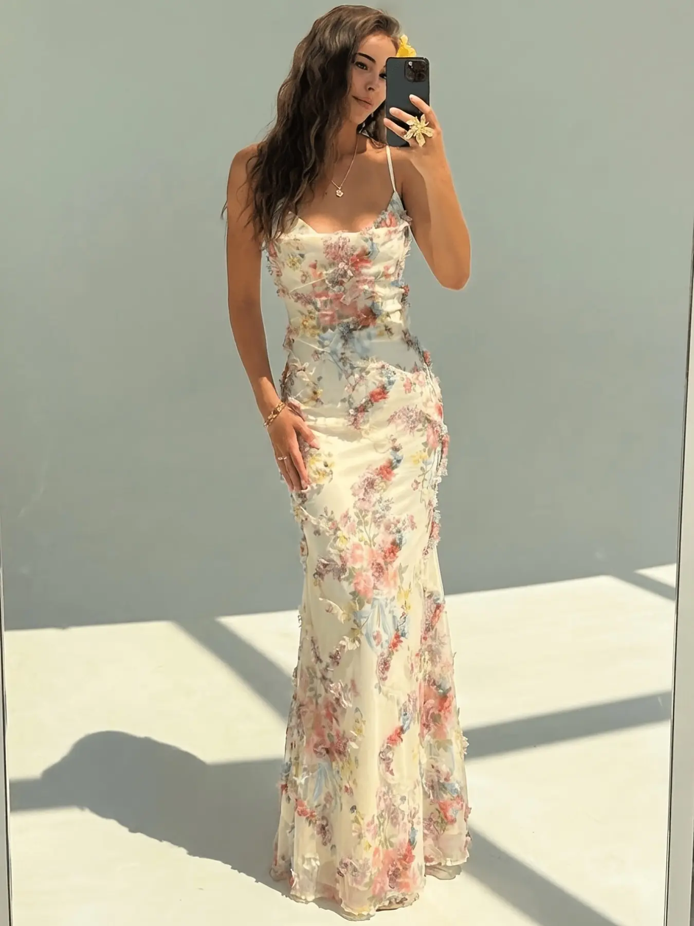 Women's Cream Watercolor Floral Mermaid Maxi Dress, Lightweight, Feminine, Boho, Spaghetti Strap Low Cowl Neck, 3D Fringe Floral Trim, Bodycon High Waist Fit, Double Layer Flowy Chiffon Fabric, Summer Beach Honeymoon Vacation, Garden Wedding Guest