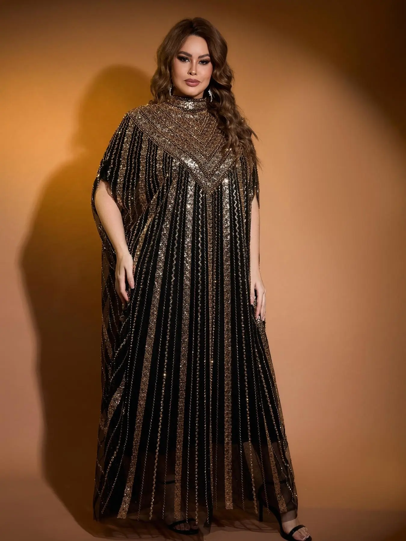 JINLICX Luxury Gold Sequin Beaded Kaftan Abaya One Size High‑Neck Cape Sleeve Long Evening Party Robe CXD28