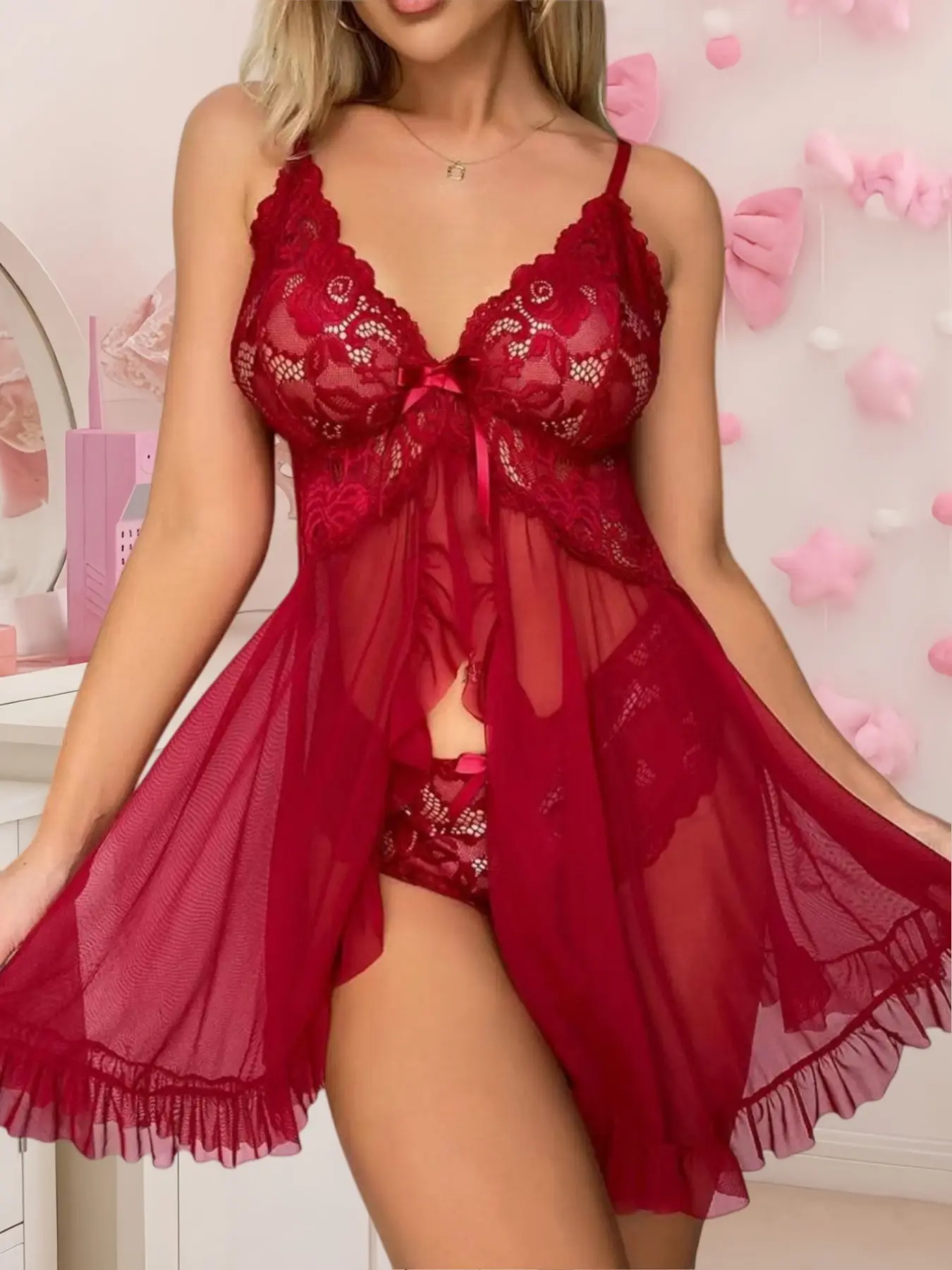 1 Set Women's Sexy Ruffle Trim See-Through, Sleeveless Sleepwear, Skin-Friendly Lace Bow Accent V-Neck Cami Pyjama Set, Adjustable Spaghetti Strap Sheer Mesh Panty Set, Ideal For Private Family Time & Daily Moments
