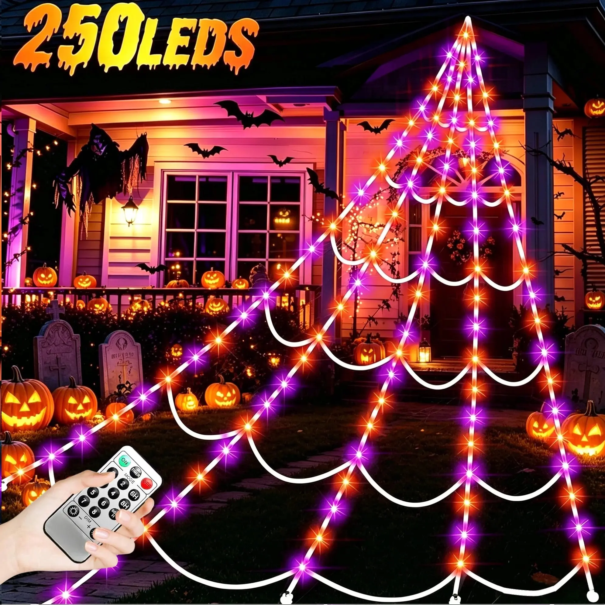 Outdoor Halloween Giant Spider Web LED Decor Light, 250 Triangle Spiders, 8 Modes, Remote Control, Waterproof, Party Atmosphere