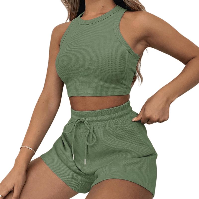 Women's 2-Piece Waffle Knit Lounge Set - Crop Tank Top & Drawstring Shorts Outfit