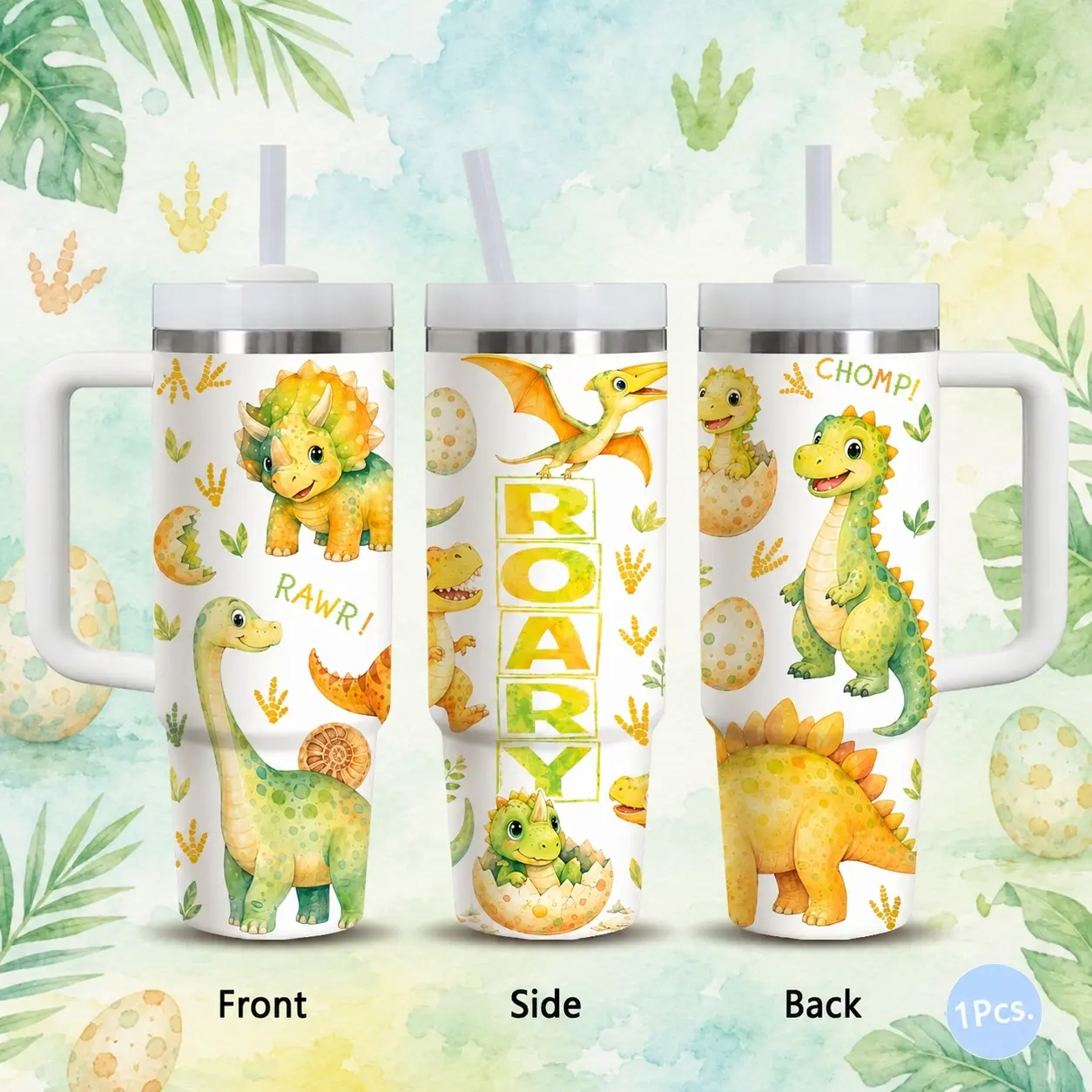 Watercolor Dino Vacuum Flasks 40oz Stainless Steel Vacuum Insulated Tumbler with Handle & Straw | Long-Lasting Cold & Heat Retention, Leak-Resistant | For Iced Coffee, Water, Office, Gym & Travel
