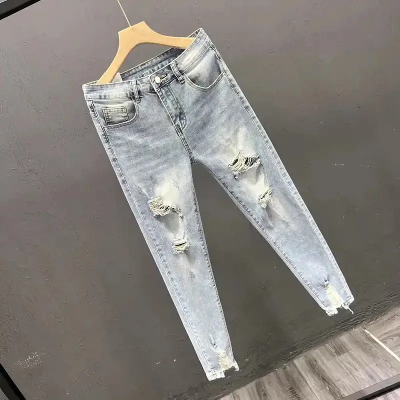 Luxury Fashion Designer Clothes Ripped Jeans Men's Trendy Brand Summer Ruffian Handsome Slim-fit Pants Elastic Thin Pants
