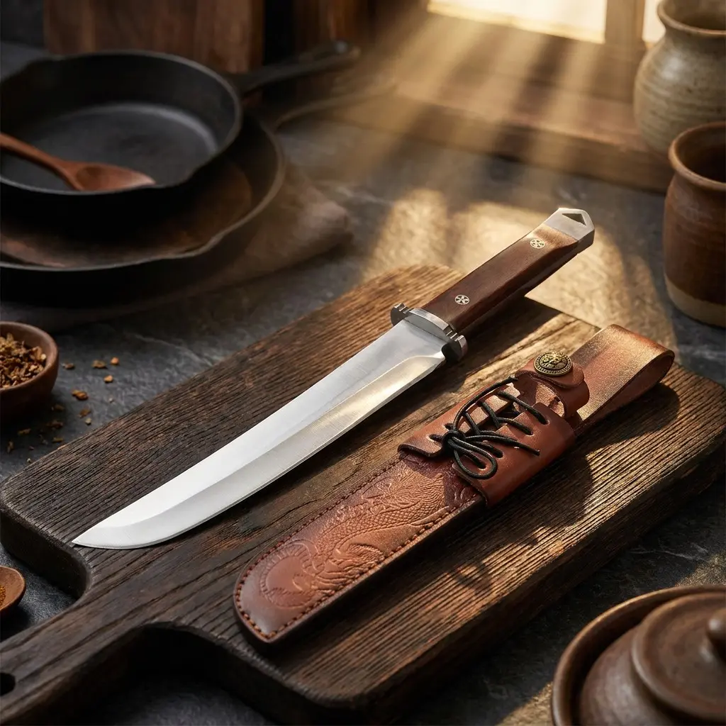 2026 New Multi-Functional Cooking Wooden Handle Kitchen Knife, Smooth Meat Cutting, Portable Sheath, Home Use, High-Quality Gift