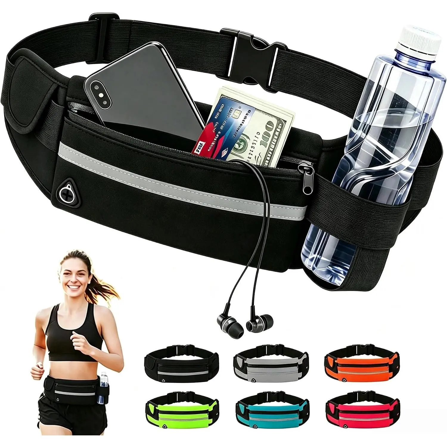 Black Reflective Running Waist Belt with Water Bottle Holder, Adjustable Sports Fanny Pack for Phone & Keys, Ideal for Night Runners, Joggers & Outdoor Activity Lovers