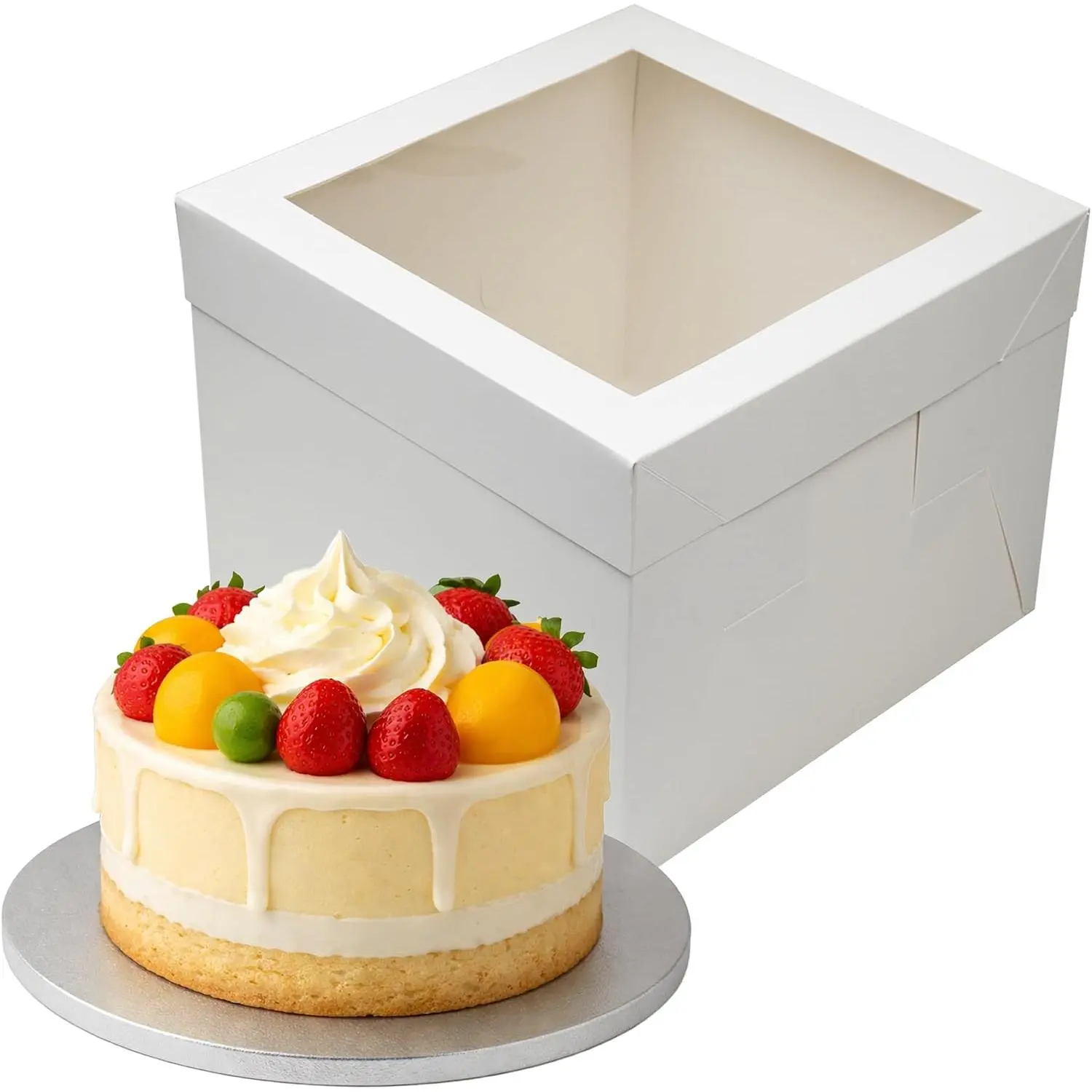 12 Inches White Cake Box with Board Set,12x12x8, 1/2 inch Thick | 1/2 inch Thick  Cake Drum Set, Square Bakery Box, Window Lid, Disposable Container, for Heavy Duty Cake Bakery Wedding