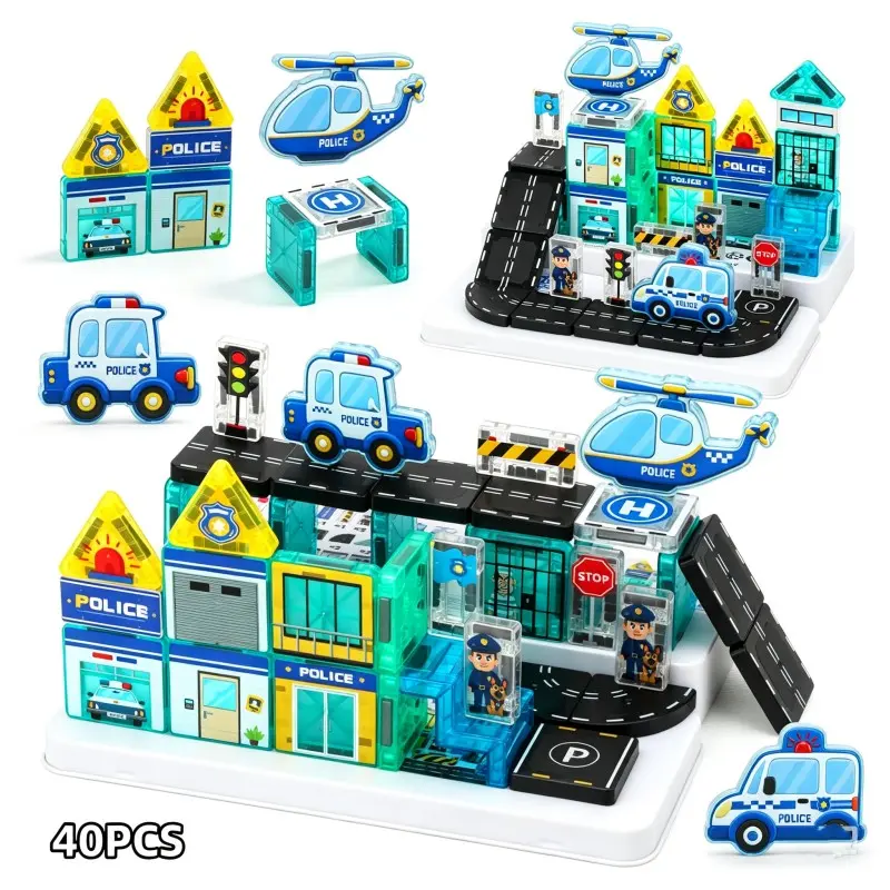 40pcs Magnetic Building Blocks Set, Portable 3.75cm Magnetic Tiles Stacking, Educational Stem Toy for Kids, Police Scene, Birthday Gift for Ages 3+