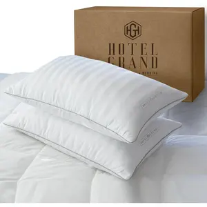 Hotel Grand White Feather Down Queen Size Bed Pillows Set of 2, 500 Thread Count Soft Hypoallergenic 100% Cotton Breathable Hotel Collection Pillows for Back/Side Sleepers