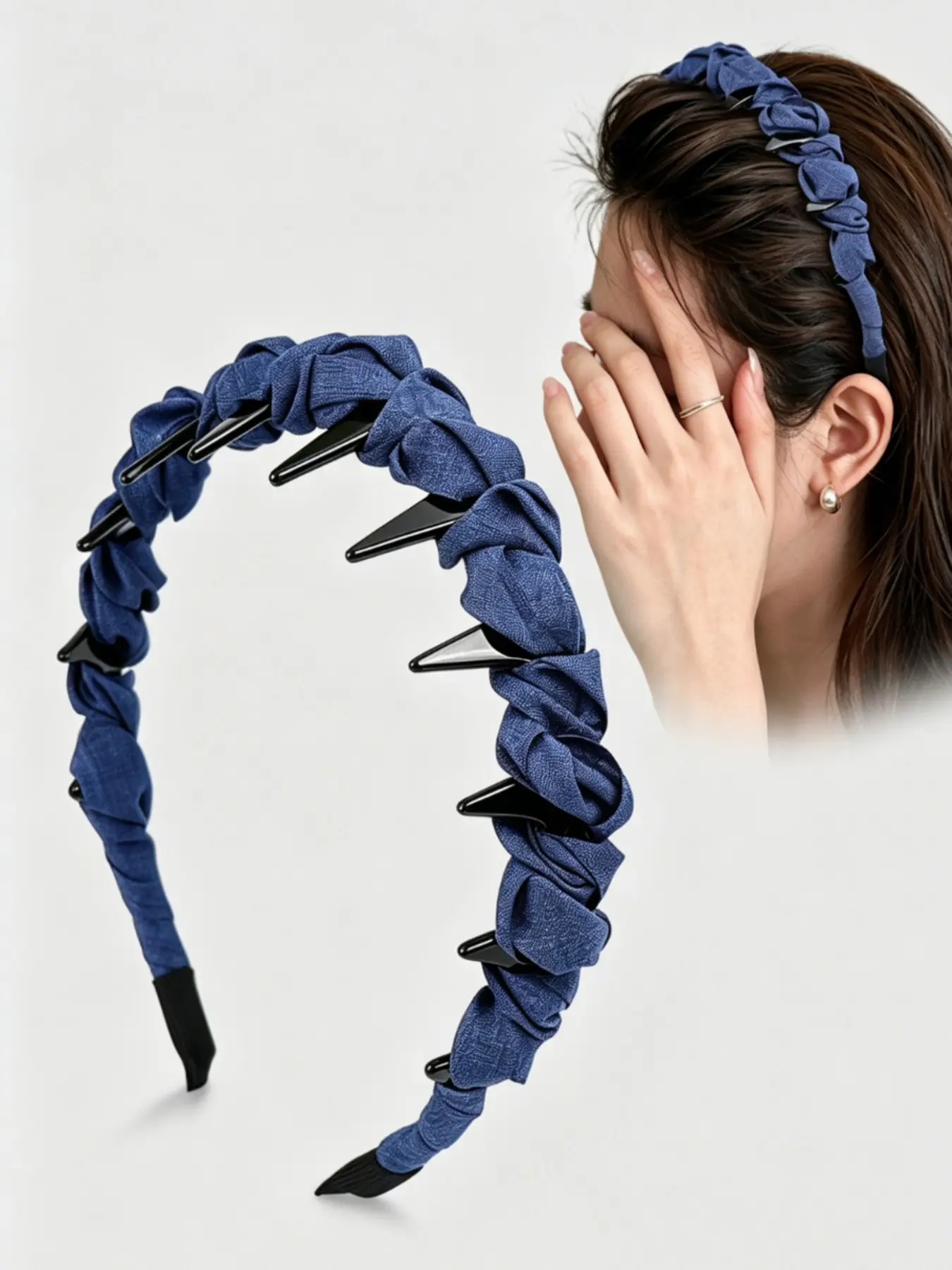 Denim Blue Braided Hairband for Women, Anti-Slip High Crown Design, Daily Use Face Washing Headband, External Wear Pressed Hair Accessory