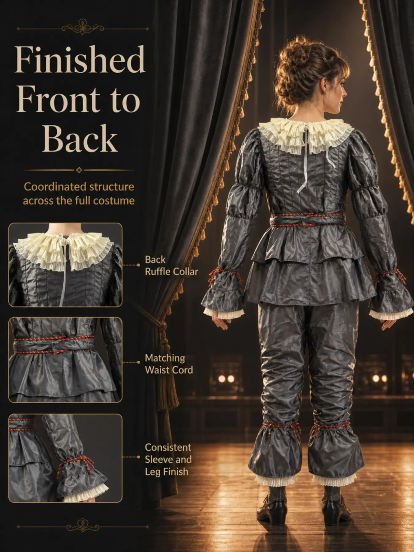 2026 New European Vintage Court Style Clown Two-Piece Set, Ruffled Collar, Pom Poms, Stage Play Party Halloween Costume, Top & Pants