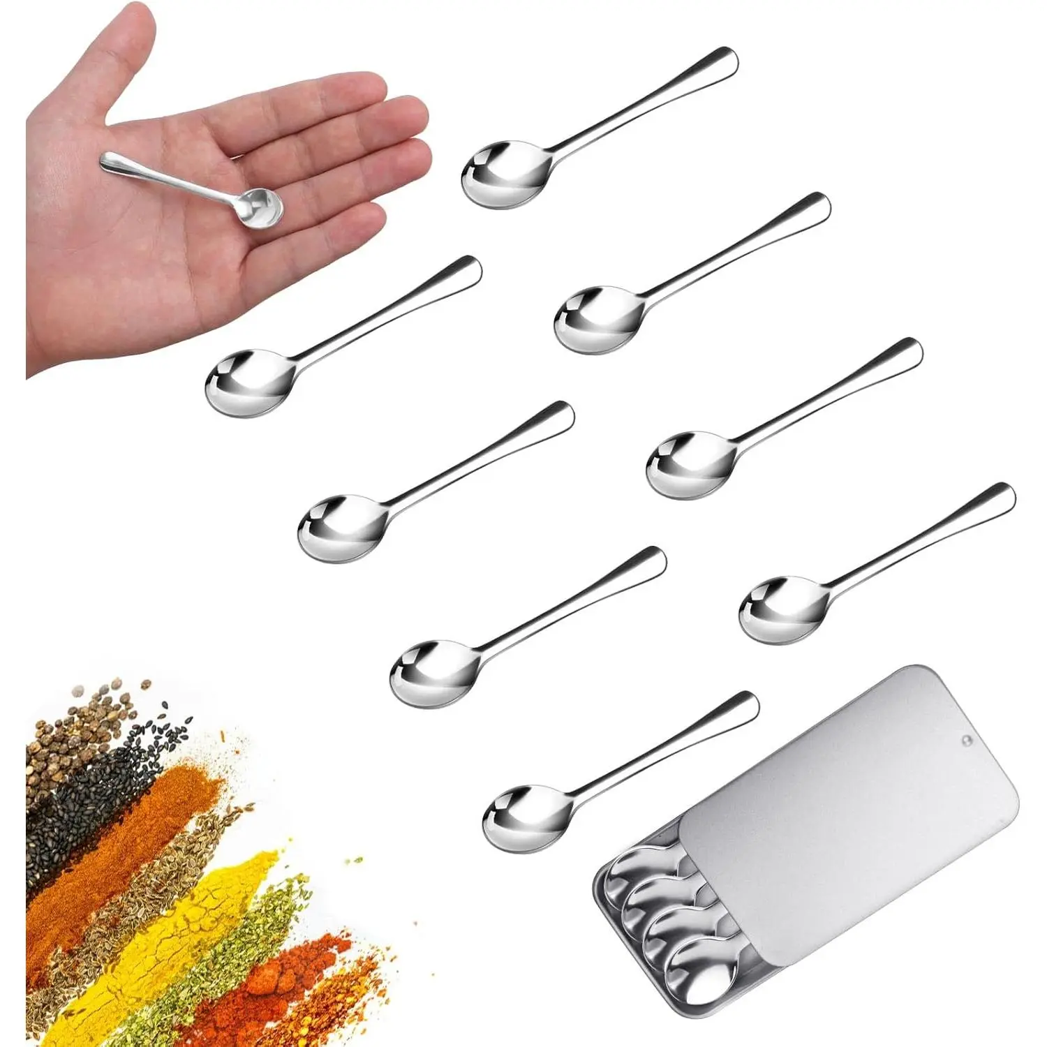 8PCS 2.9Inch Silver Tiny Mini Spoons SUS 304 Food Grade Stainless Steel Seasoning Spoons for Salt Jars Spices Pepper Sugar Coffee