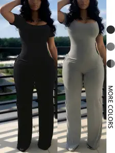 Women's Sexy Fitted Short Sleeve Jumpsuit, Plain Low Neck Pocket Design, All Season Fashion, European & American Style