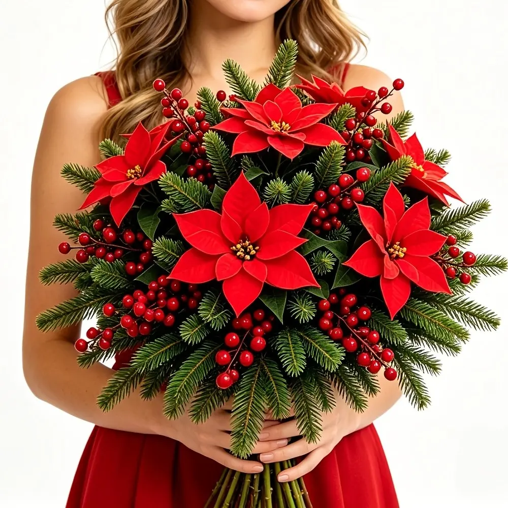 26-Piece Christmas Poinsettia Pine Branch Berry Decor Set, Artificial Evergreen Leaf Bouquet, Holiday Home Wedding Decoration