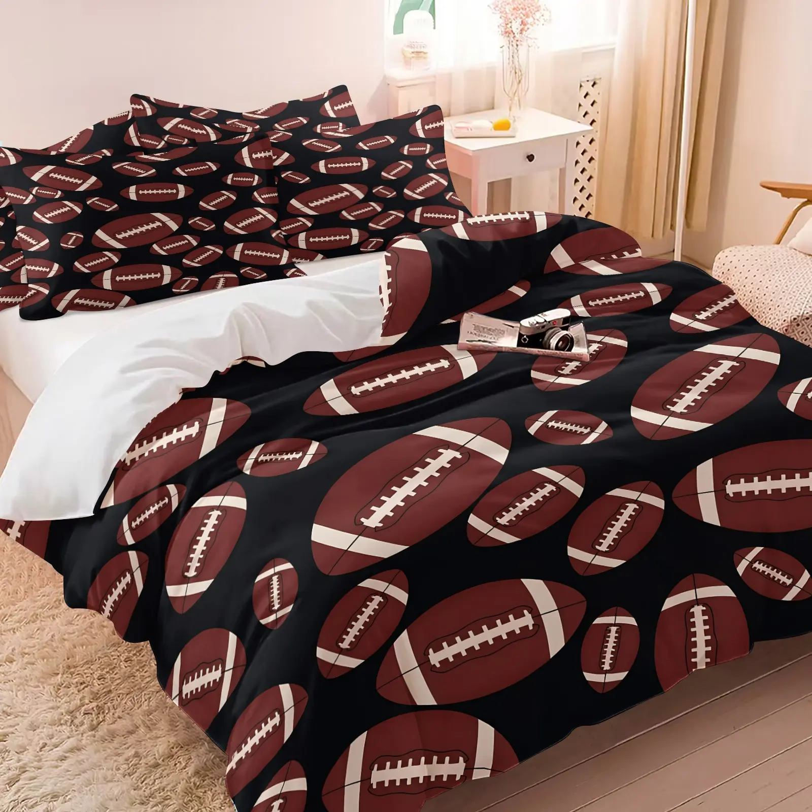 Black Background Full Print Football Duvet Cover Set, 1 Duvet Cover + 2 Pillowcases, No Comforter Included, American Sports Style Bedding, Soft & Skin-Friendly For All Seasons, Bedroom Decor For Sports Fans / Gift For Football Lovers