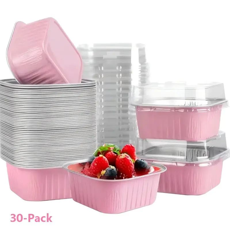 30-Pack Pink Square Mini Aluminum Foil Cake Pans (5oz/150ml) with Plastic Lids, Individual Baking Cups & Dessert Containers, Kitchen Bakeware, Baking Dish with Lid for Sales Parties, Picnics