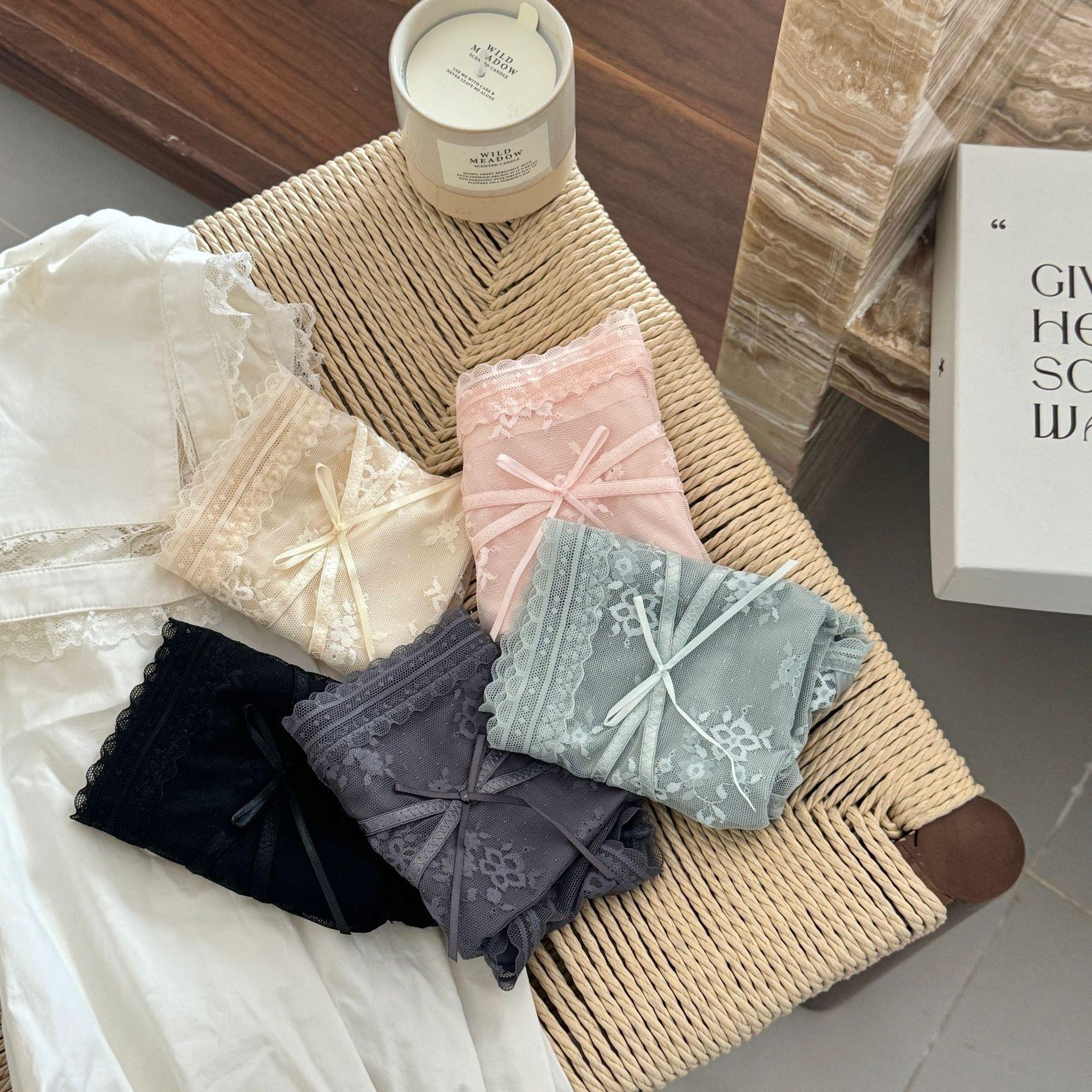 French Style Pure Desire Transparent Girl Mid-Waist Bow Lace Silk Cotton Crotch Panties Women Thin Summer