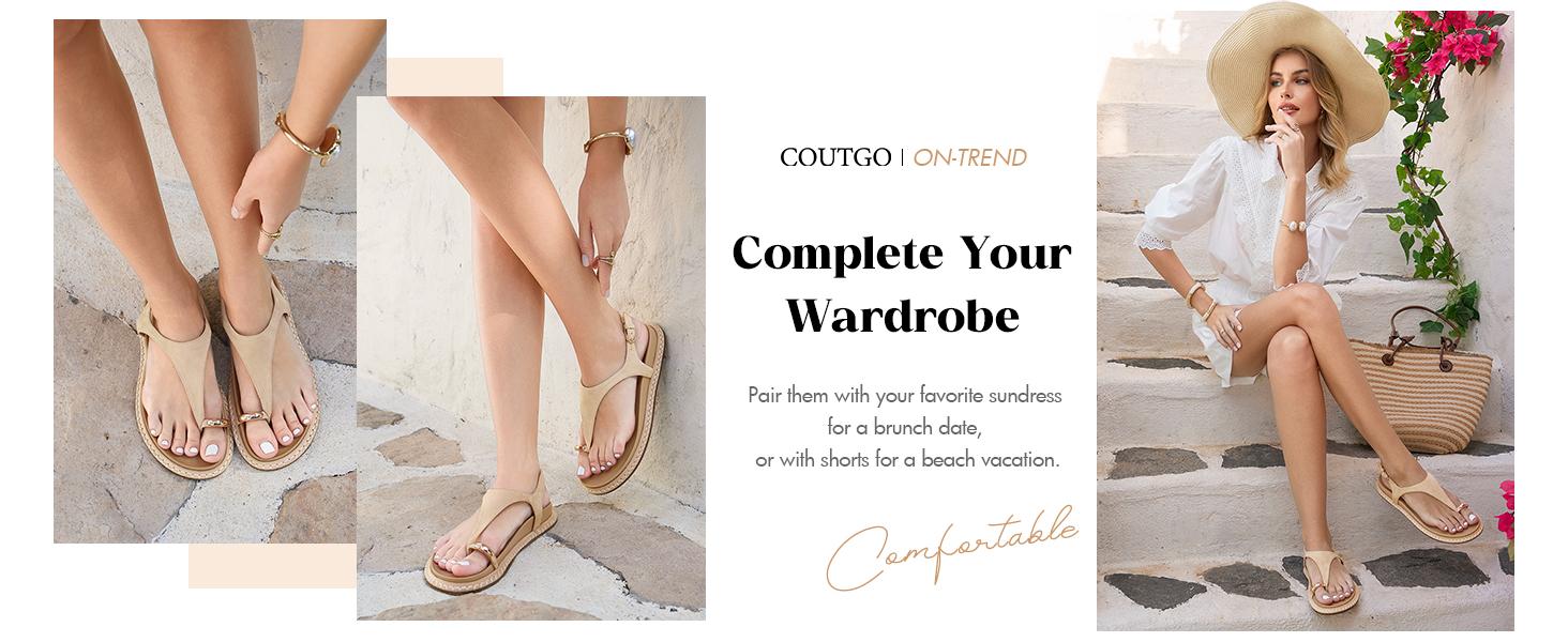 Coutgo Women's Toe Ring Flat Sandals Comfortable Flip Flops T Strap Footbed Sandals Ankle Strap Summer Beach Shoes