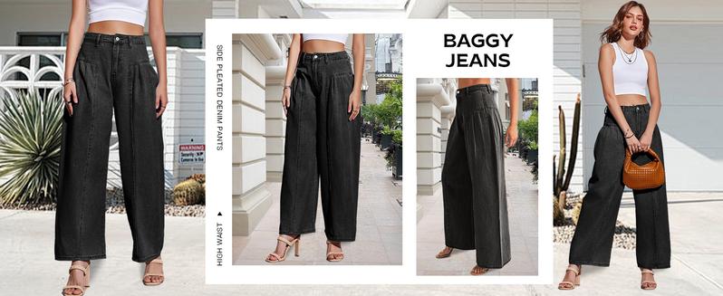 Imily Bela  Womens Baggy High Waisted Jeans Loose Boyfriend Wide Leg Side Pleated Denim Pants