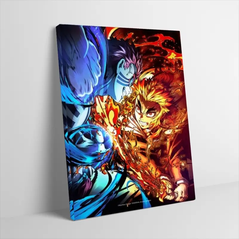 Demon Sla-yer Mugen Train Poster Canvas Wall Art Kyojuro Rengoku vs Akaza Battle Scene Epic Fighting Anime Manga Wall Decor for Gaming Room Boy Bedroom Otaku Den Fans Gift Unframed