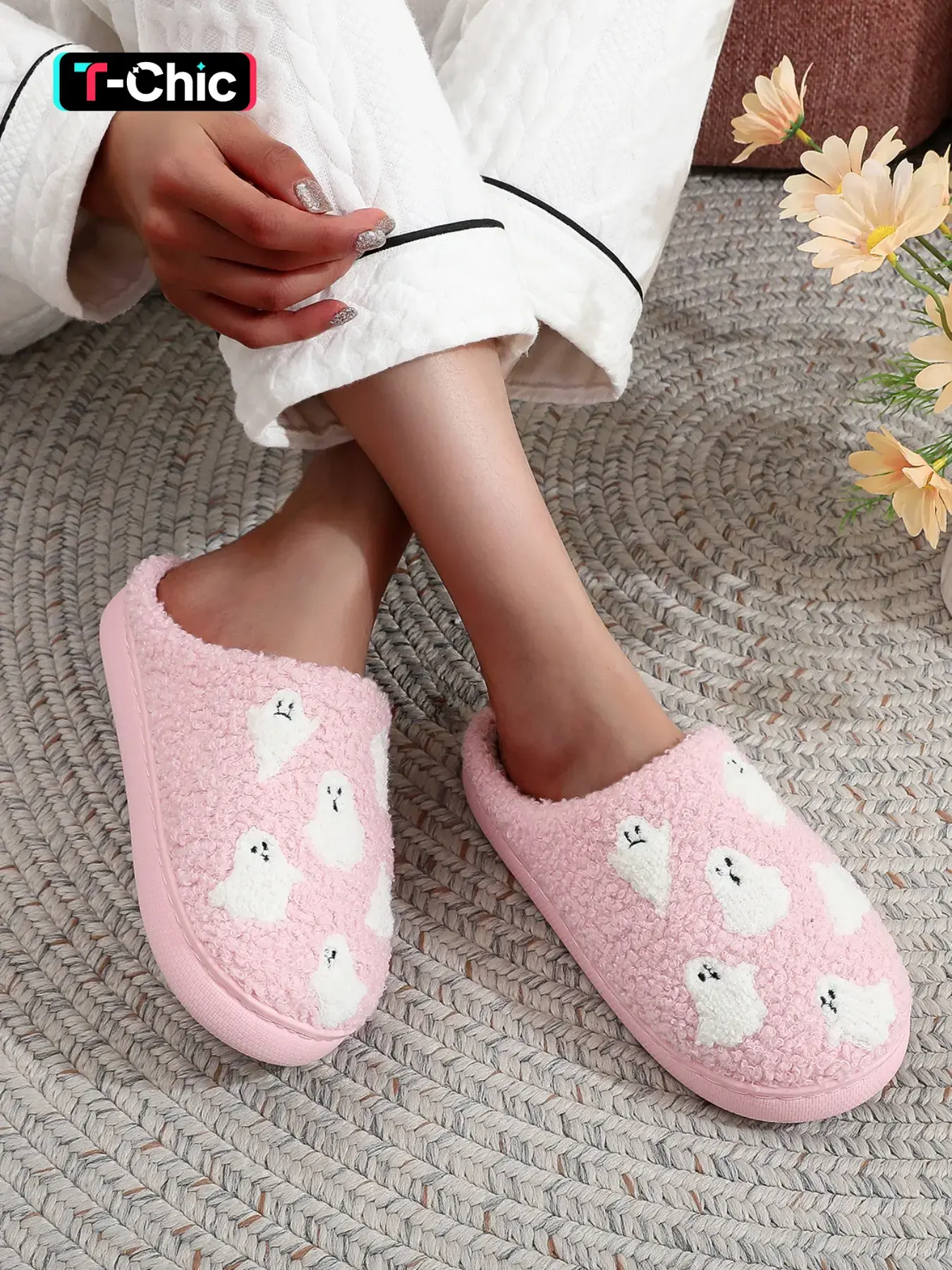 Women's Cute Cartoon Ghost Pattern Plush Slippers, Casual Soft Comfortable Home Slippers, House Slippers, Warm Slippers for Indoor & Outdoor Use for All Seasons