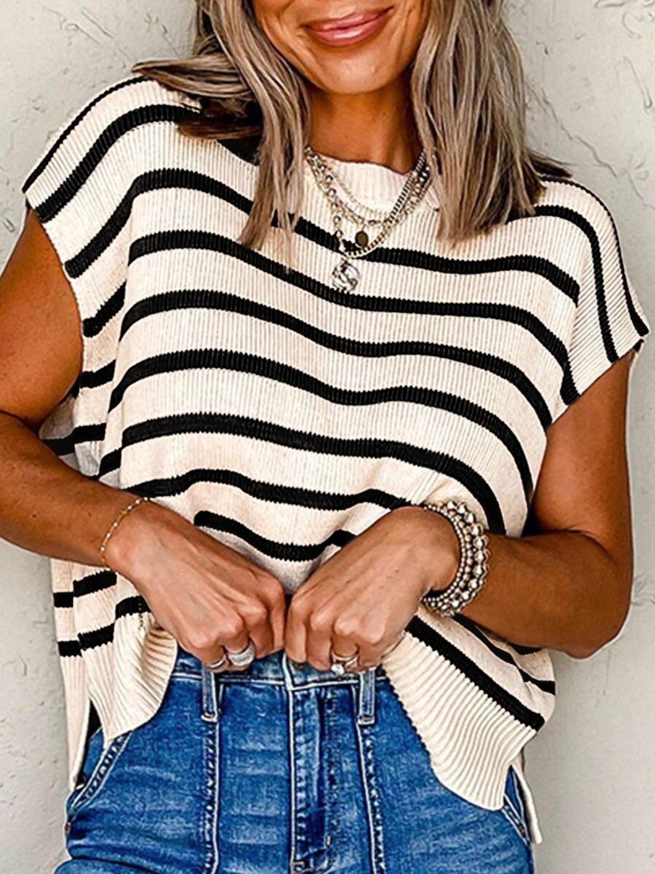 Women's Striped Print Crew Neck Sweater Pullover, Casual Jumper for Summer, Fashion Women's Knitwear for Daily Wear, Women Summer Tops, Oversized Knit Tops for Women