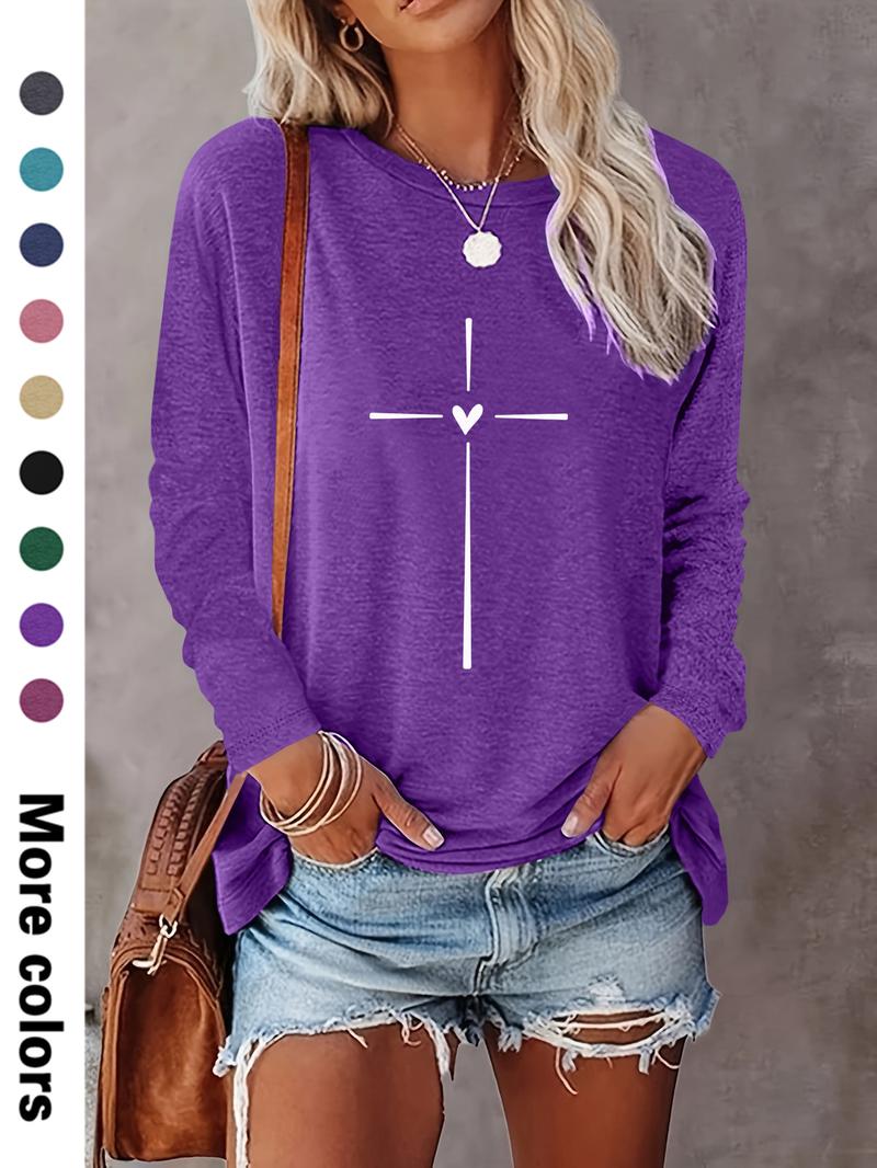 Women's Heart & Cross Print Round Neck Tee, Casual Long Sleeve Crew Neck T-shirt for Spring & Fall, Fashion Women's Top for Daily Wear