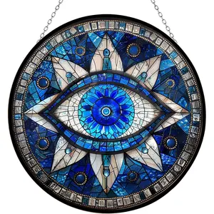 Evil Eye Stained Glass Sun Catcher with Mountain Stained Glass Window Hanging, Suncatchers for Windows Hanging, Lavender Wall Decor, for Women/Friends/Lover