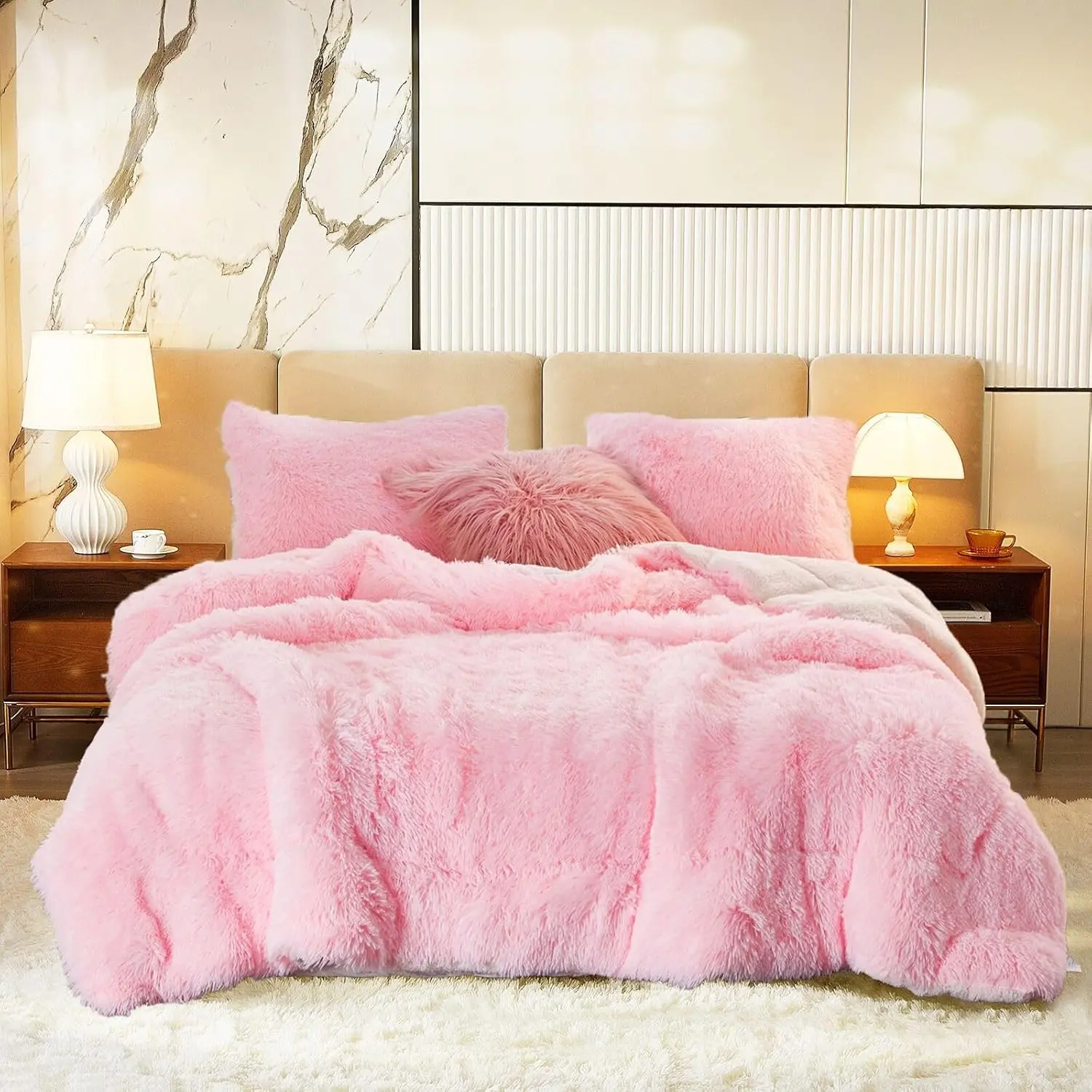 Luxury Faux Fur Shaggy Comforter Set Full/Queen Size, Plush & Sherpa Reversible Pink Comforter, 3 Pieces Fluffy Fuzzy Bedding Set Ultra Soft and Warm for Winter (1 Comforter + 2 Pillowcases)