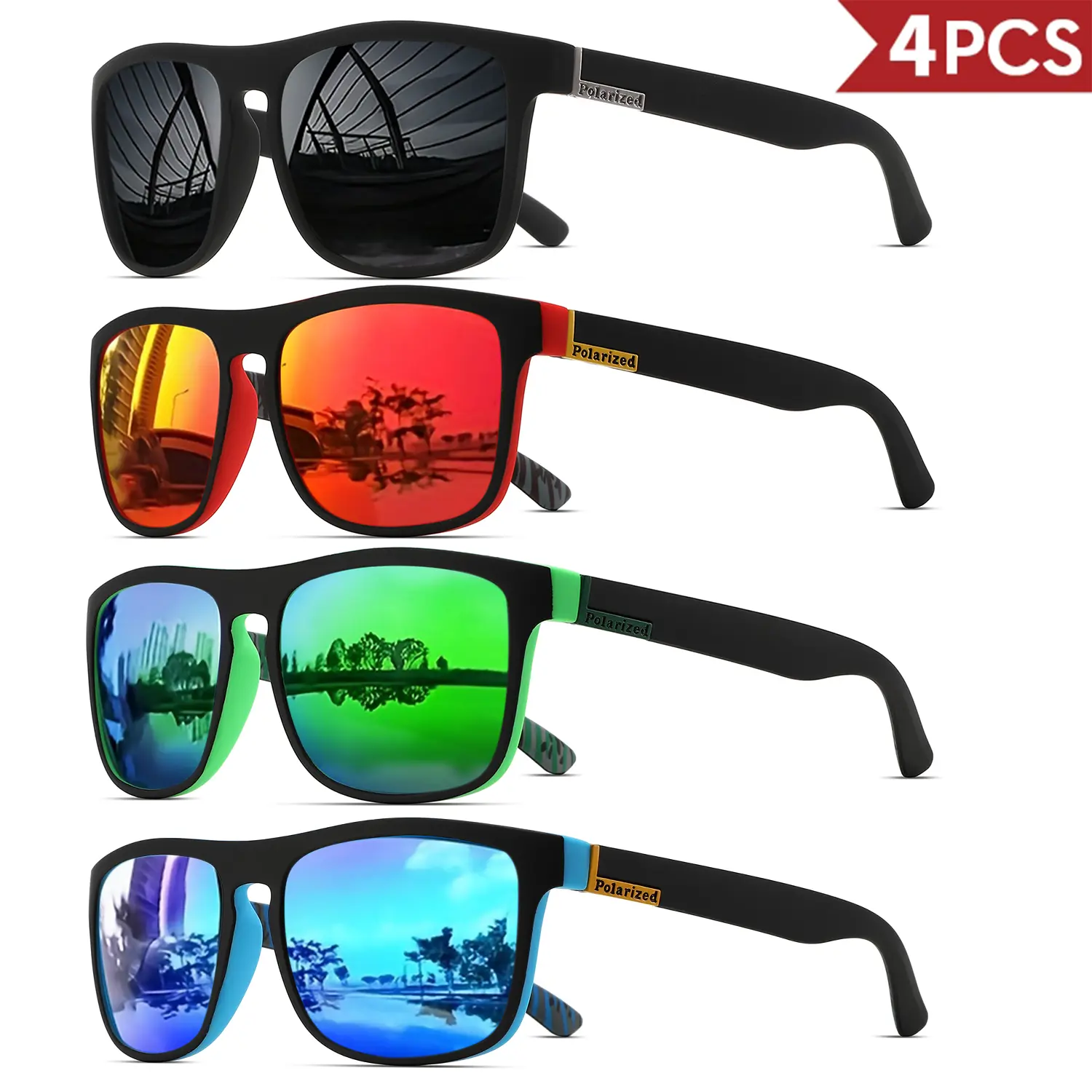 Unisex 4PCS-1 Classic Square Polarized Sports Eyewear - 22g Lightweight PC Frame, UV400 Sun Protection, ANSI Z80.3 Certified, Durable for Driving, Fishing, All Seasons Sports Users