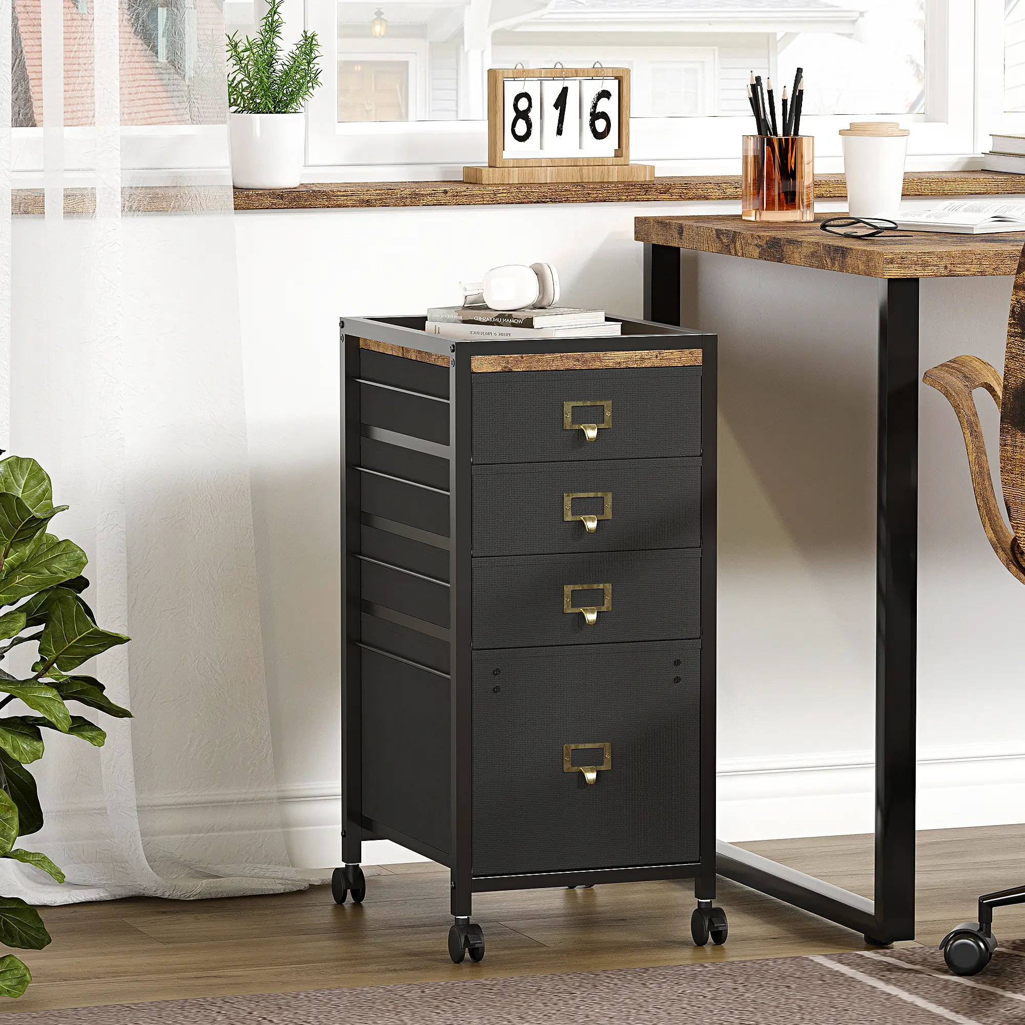 Mobile Fabric File Cabinet with Wheels, Vertical Filing for Letter/A4 - Under Desk Rolling Storage Organizer - Home Office Drawer Cabinet, Black (3/4 Drawers)