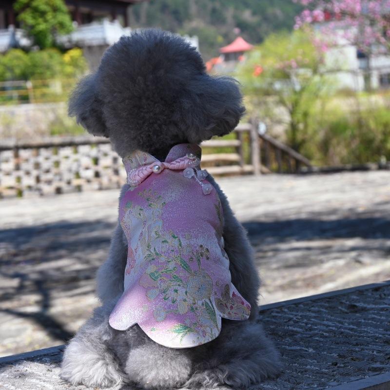 Paws Trendy Pet Spring & Summer Qipao for Dogs & Cats, suitable for Teddy, Bichon Frise and other small dogs. Features embossed fabric with exquisite retro frog buttons, fine workmanship, exuding noble elegance and making your beloved pet stand out.