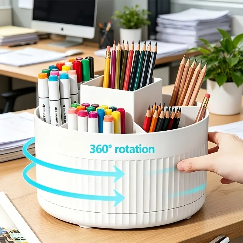 360 Degree Rotating Desk Organizer, Large Capacity Five Compartment Pen Holder, Portable Stationery Storage, Space-Saving Office & Bedroom Shelf, Desk Organizers With Compartments